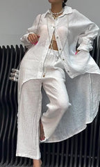 Women's Two-Piece Set of Cutout Back Shirt and Linen Trousers