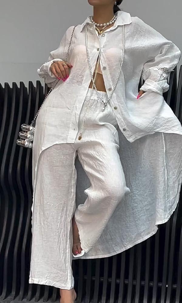 Women's Two-Piece Set of Cutout Back Shirt and Linen Trousers