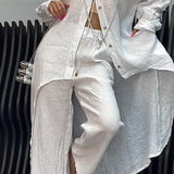 Women's Two-Piece Set of Cutout Back Shirt and Linen Trousers