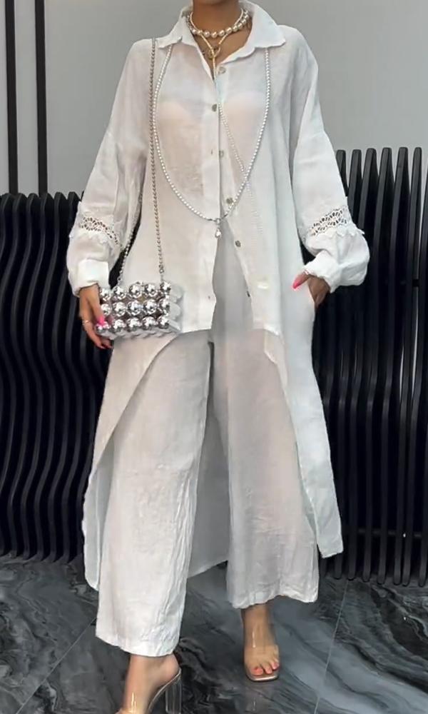 Women's Two-Piece Set of Cutout Back Shirt and Linen Trousers