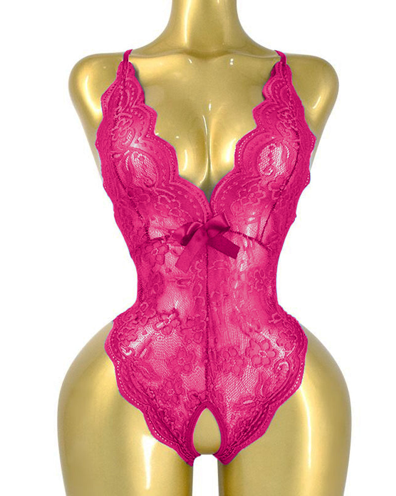 Deep V Sexy Translucent Floral Lace Cross-Back Open Crotch Design One-Piece Pajamas
