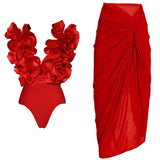 Lace Trim V-Neck Red Swimsuit Set