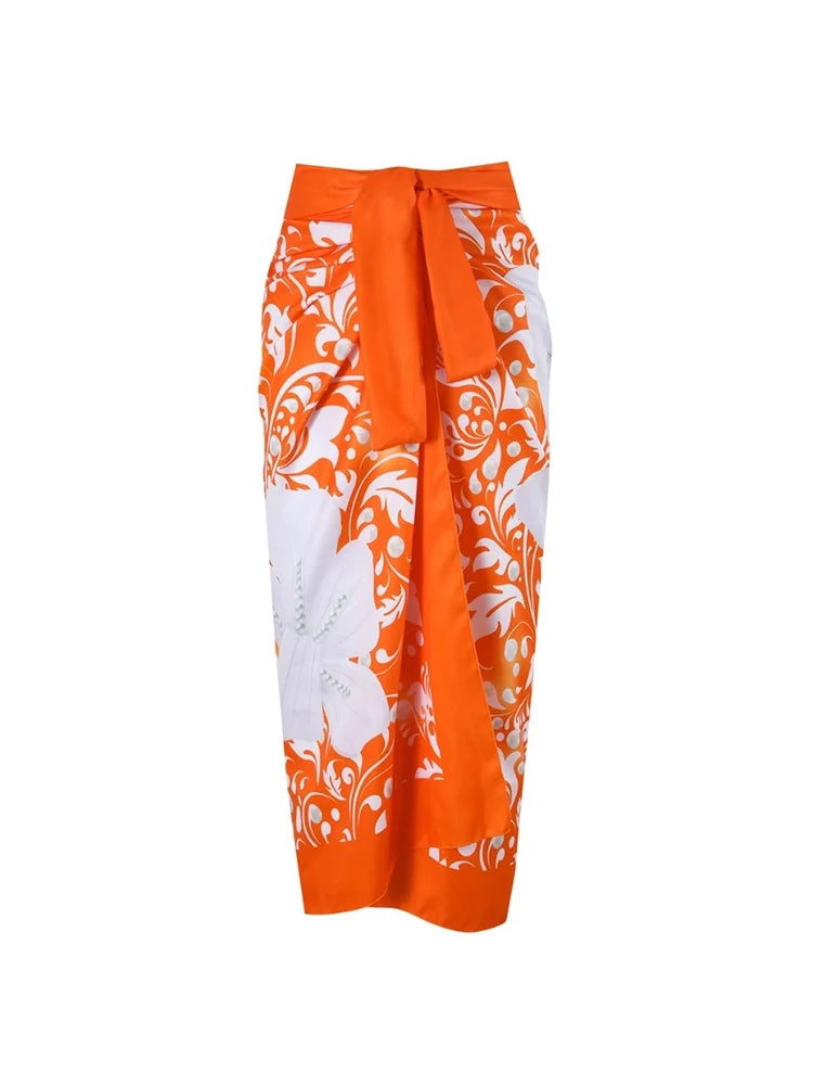 Orange Swimsuit Set Pearl Flower Detail