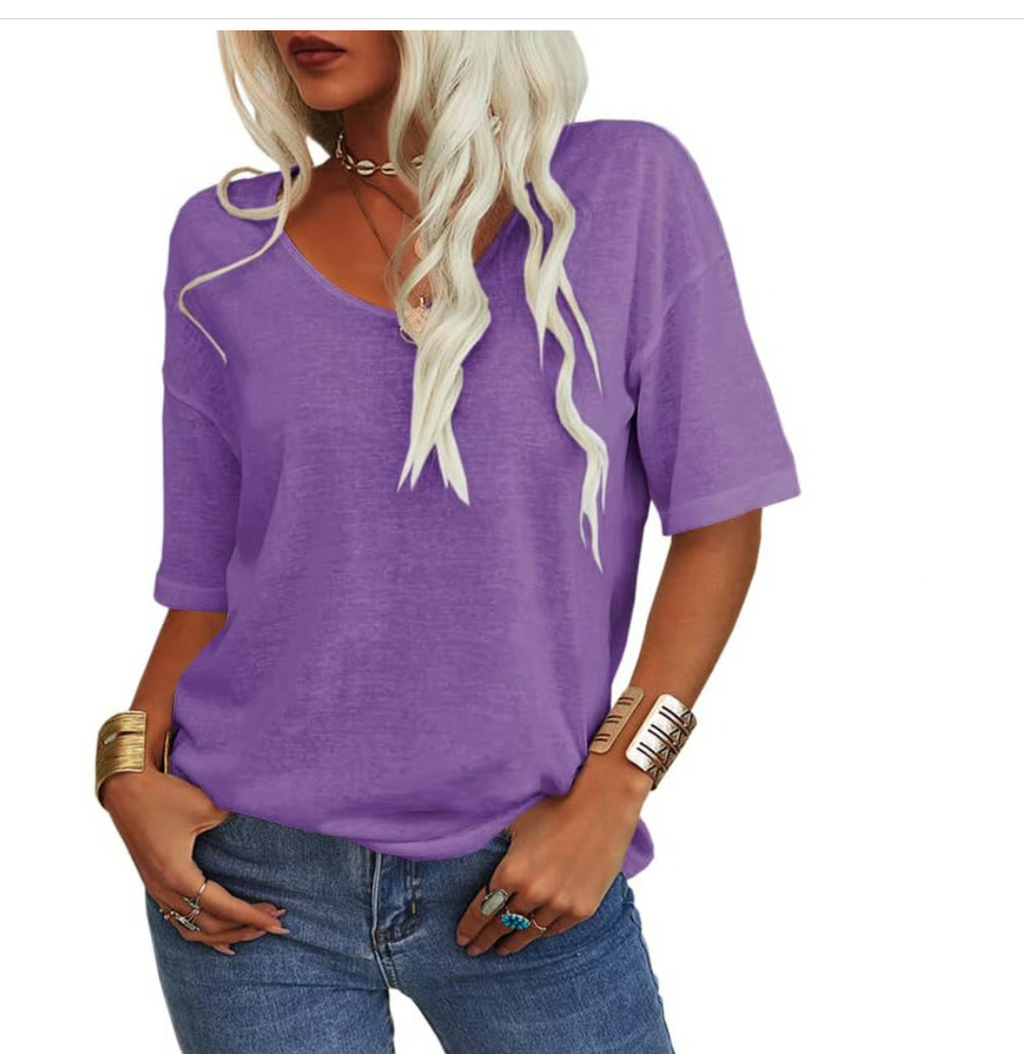Unifarbenes Damen-T-Shirt mit V-Ausschnitt