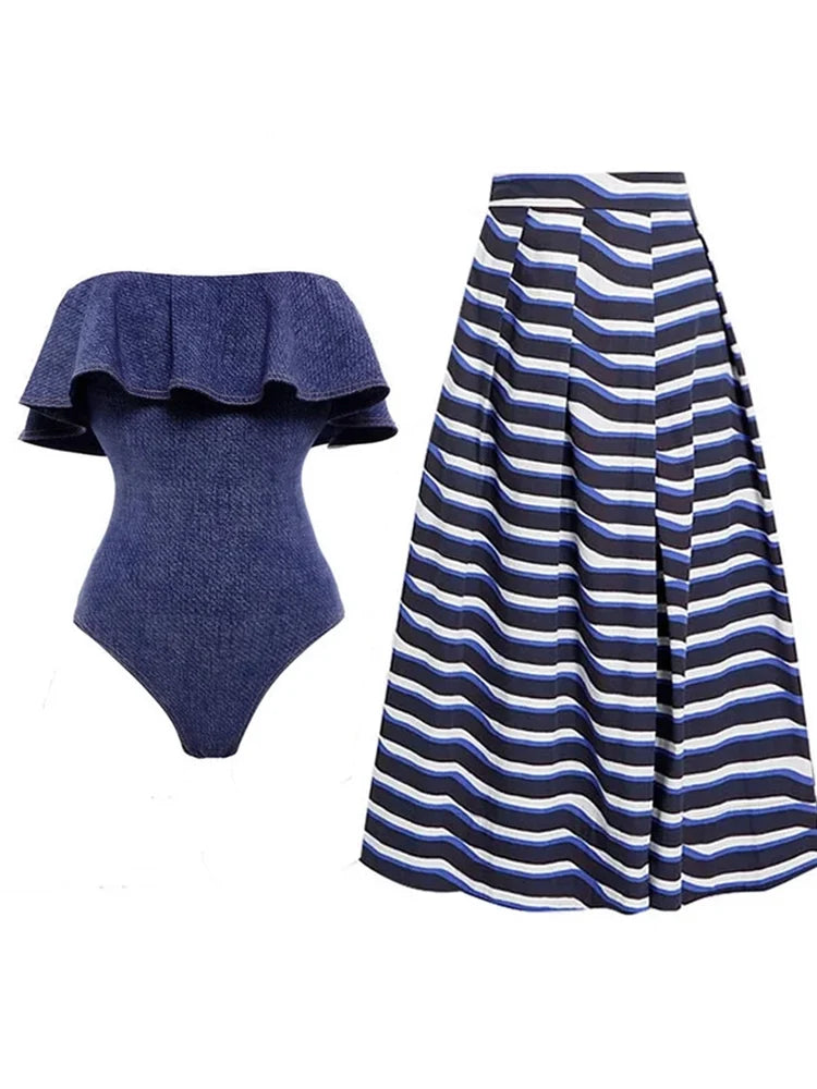 Denim Bandeau One Piece Swimsuit Set