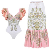 V Neck Ruffle Patchwork Ethnic Print Swimsuit