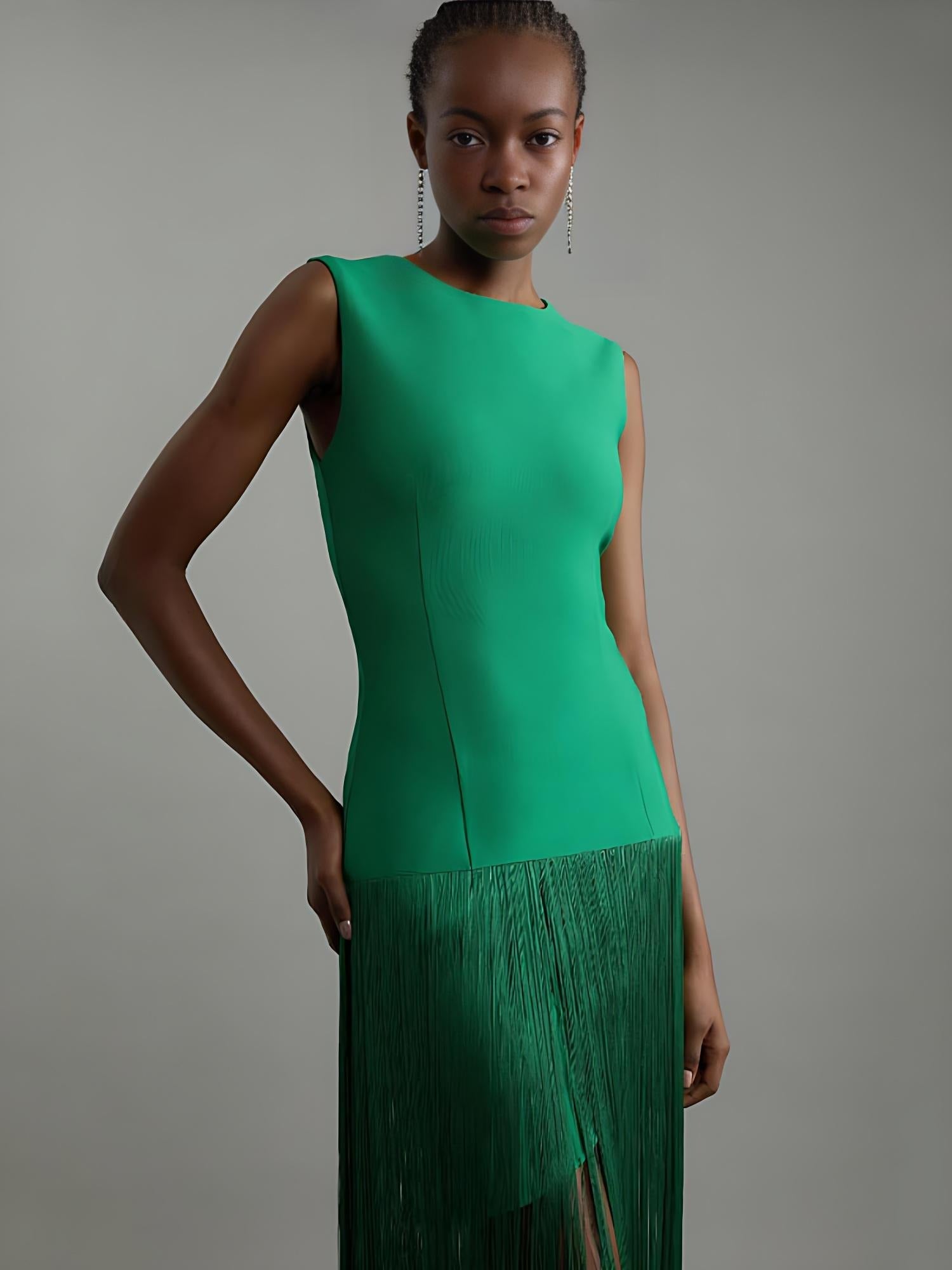 Fringe-Hem Sleeveless Knit Midi Dress