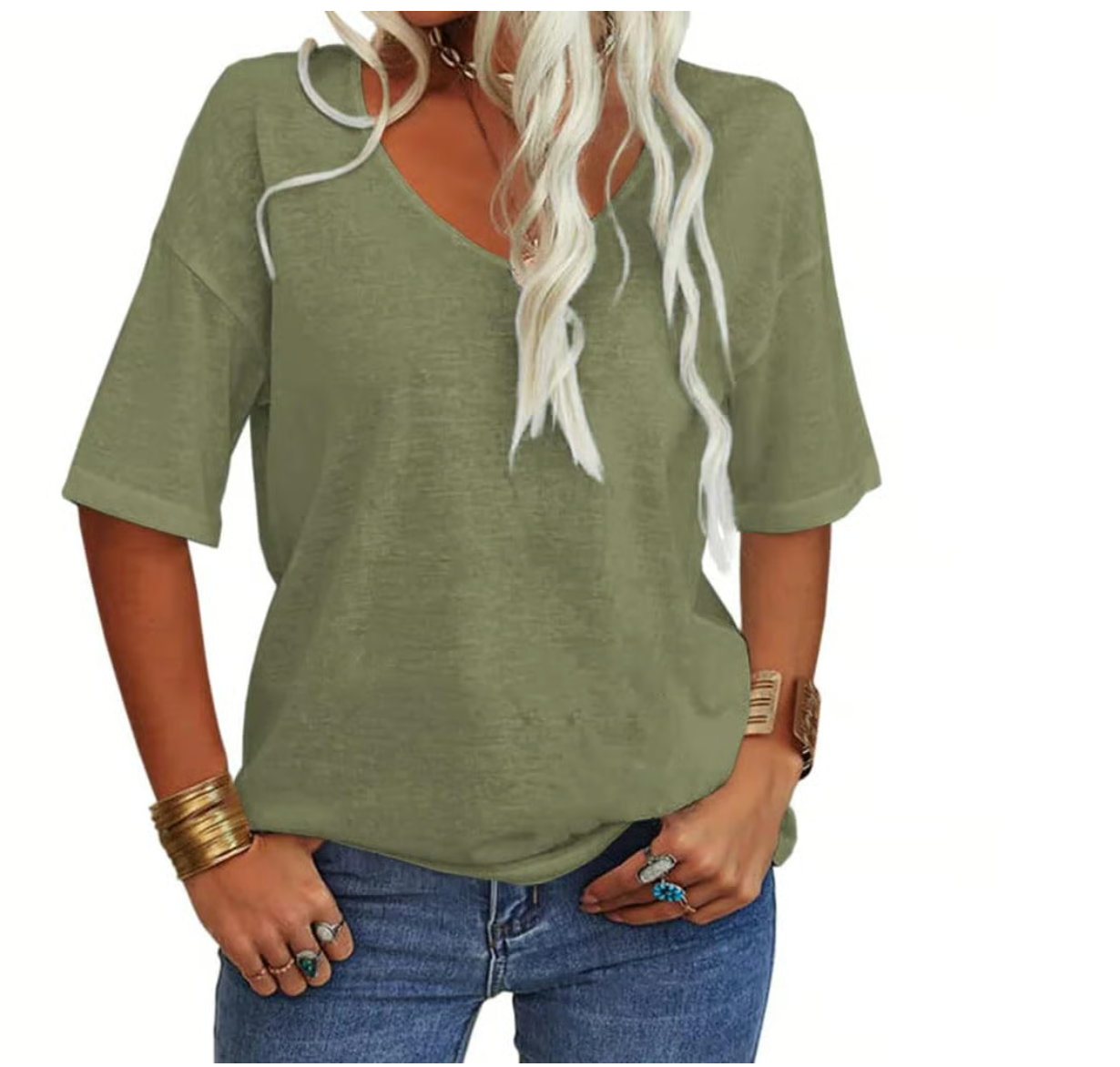 Unifarbenes Damen-T-Shirt mit V-Ausschnitt