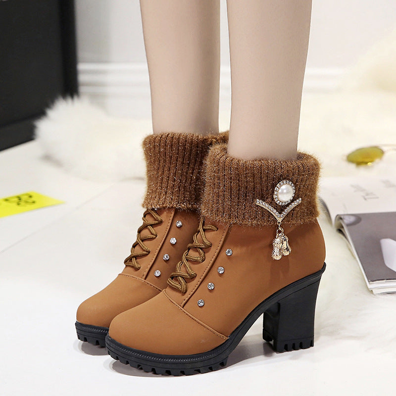 AuraGlide Glamour Boots | Rhinestone Embellished Knit-Cuff Dress Boots