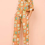 Loose Wide-Leg Trousers With Ethnic Botanical Floral Print-Set