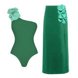 Green One-Shoulder 3D Floral Swimsuit