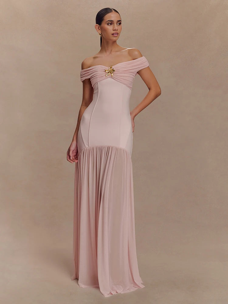 Celestia Evening Gown – Off Shoulder Backless Mesh Dress