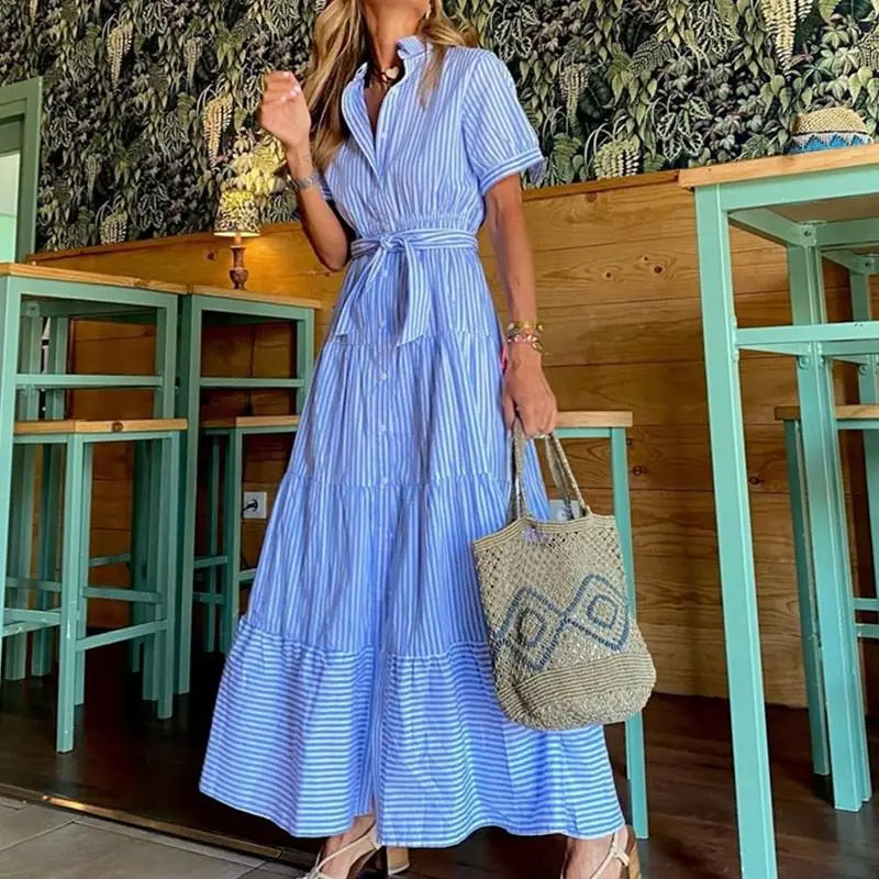 Coastal Stripe Edition – Maxi Striped Dress with Slit & Belt