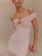 Celestia Evening Gown – Off Shoulder Backless Mesh Dress
