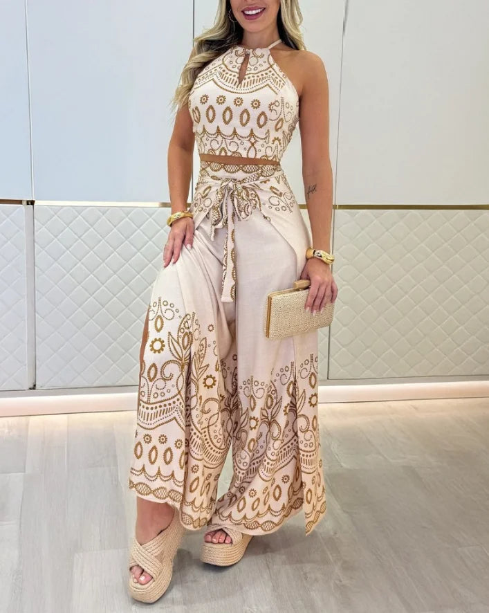 Savanna Set – Tribal Print Halter Top & Slit Pants Two-Piece Look
