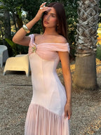 Celestia Evening Gown – Off Shoulder Backless Mesh Dress