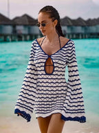 Boho Striped V-neck Mini Dress – Open Knit Beach Cover Up