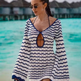 Boho Striped V-neck Mini Dress – Open Knit Beach Cover Up