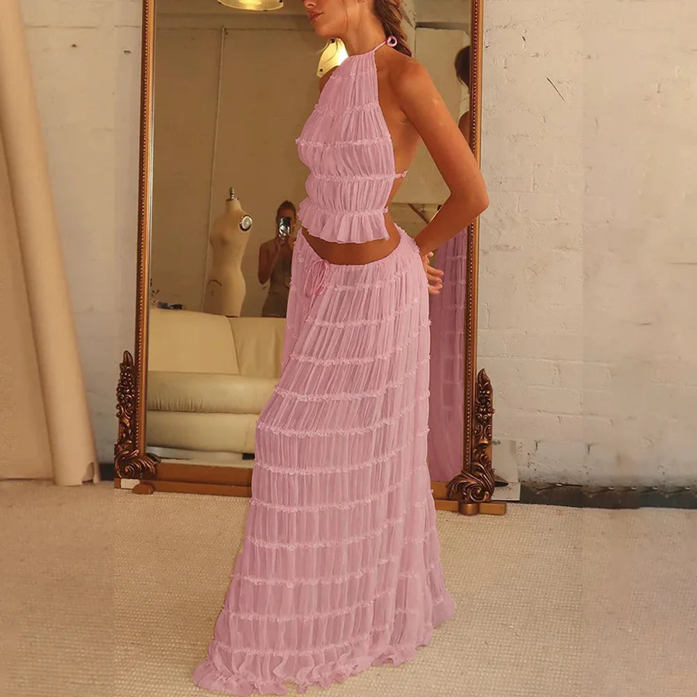 Isla Lace-Up Maxi Set | Romantic Halter Two-Piece for Summer