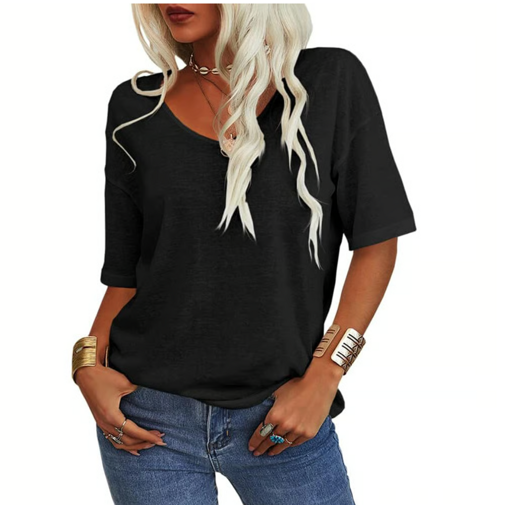 Unifarbenes Damen-T-Shirt mit V-Ausschnitt