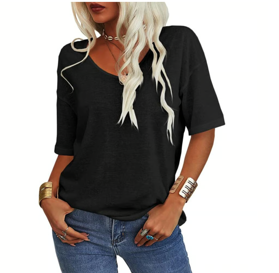 Unifarbenes Damen-T-Shirt mit V-Ausschnitt
