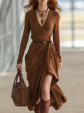 Casual And Stylish Brown V-neck Slit Midi Dress