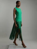 Fringe-Hem Sleeveless Knit Midi Dress