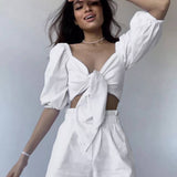 Linen Wrap Front Tie Puff Sleeve Shorts Sets In White