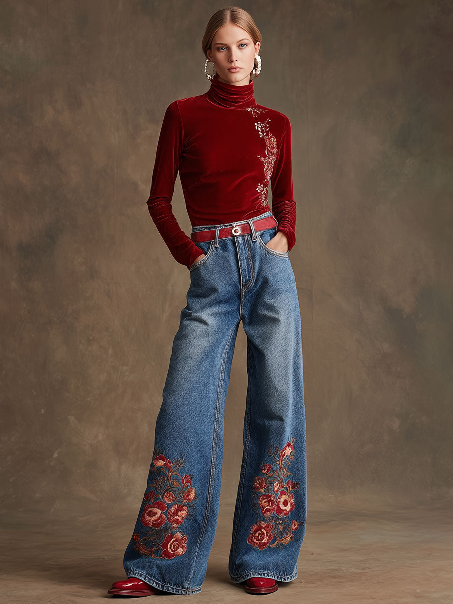 Casual Retro Floral Embroidered Wide-leg Blue Jeans