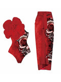 3D Red Floral Print One-Piece Swimsuit Set