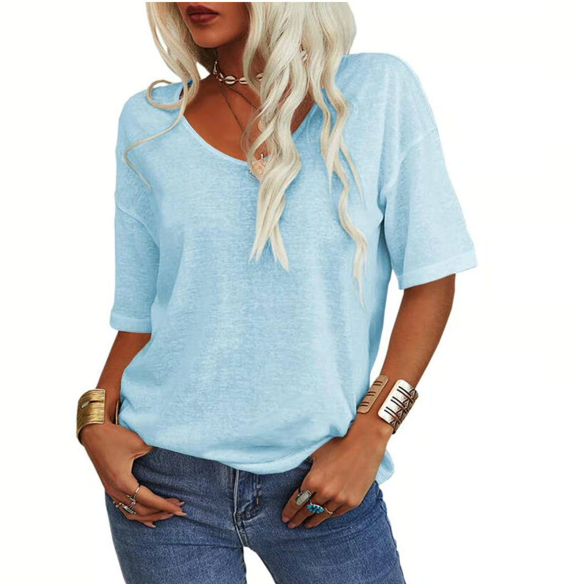 Unifarbenes Damen-T-Shirt mit V-Ausschnitt