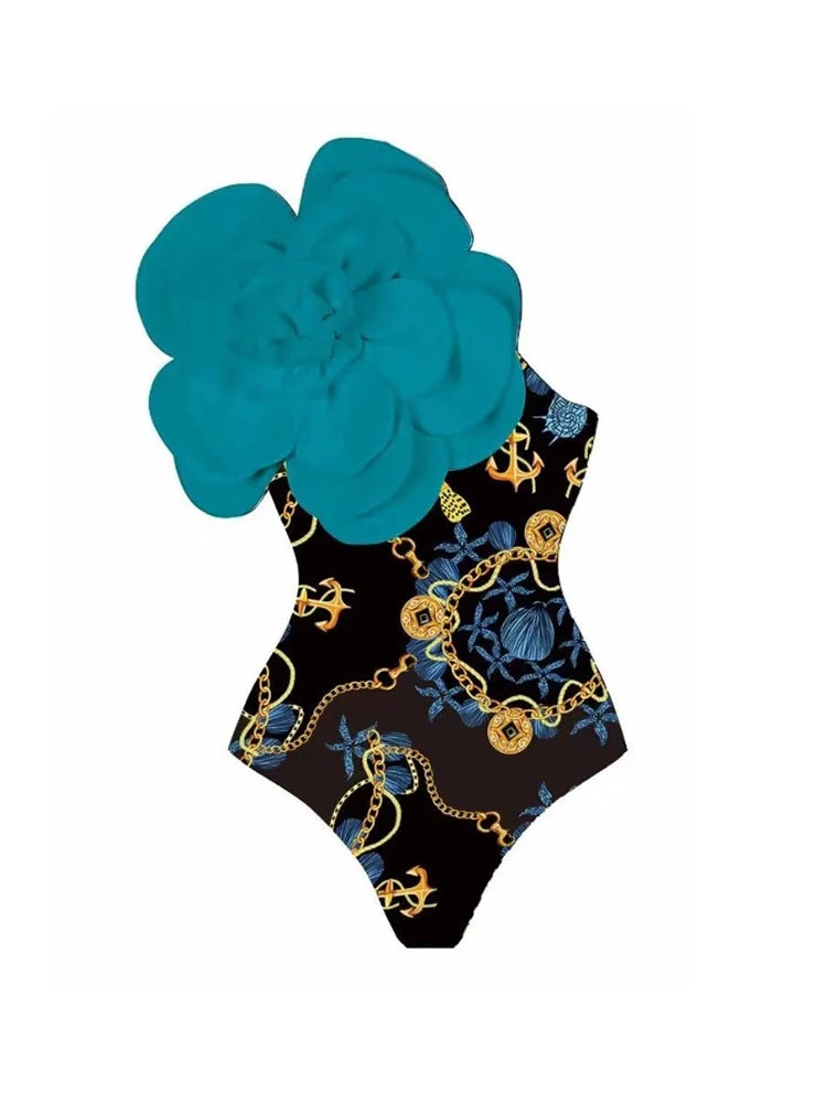 3D Blue Floral Print One-Piece Swimsuit Set