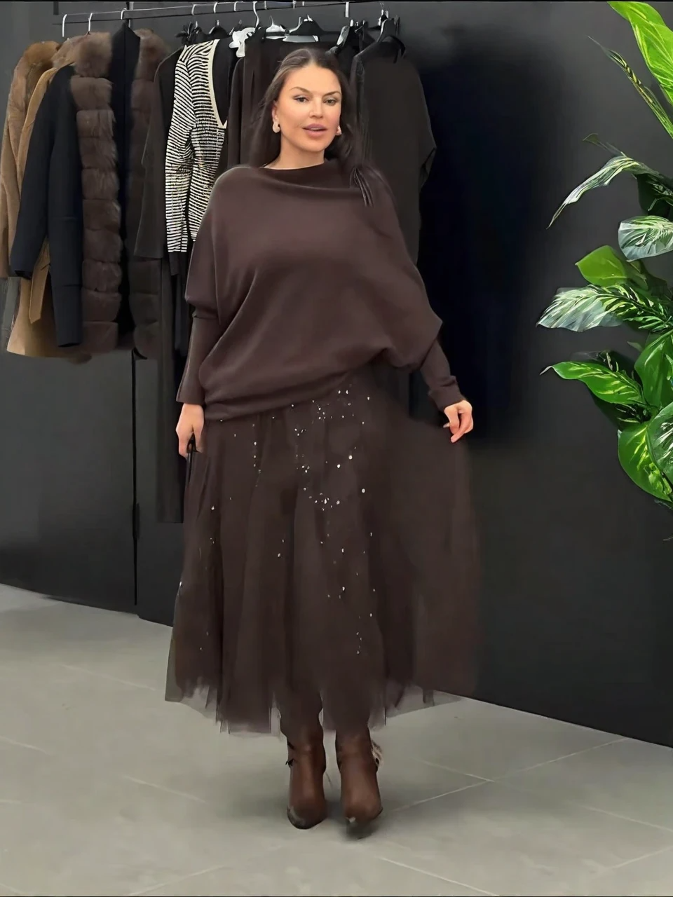 Brown Knit Sweater & Sequin Tulle Maxi Skirt Set