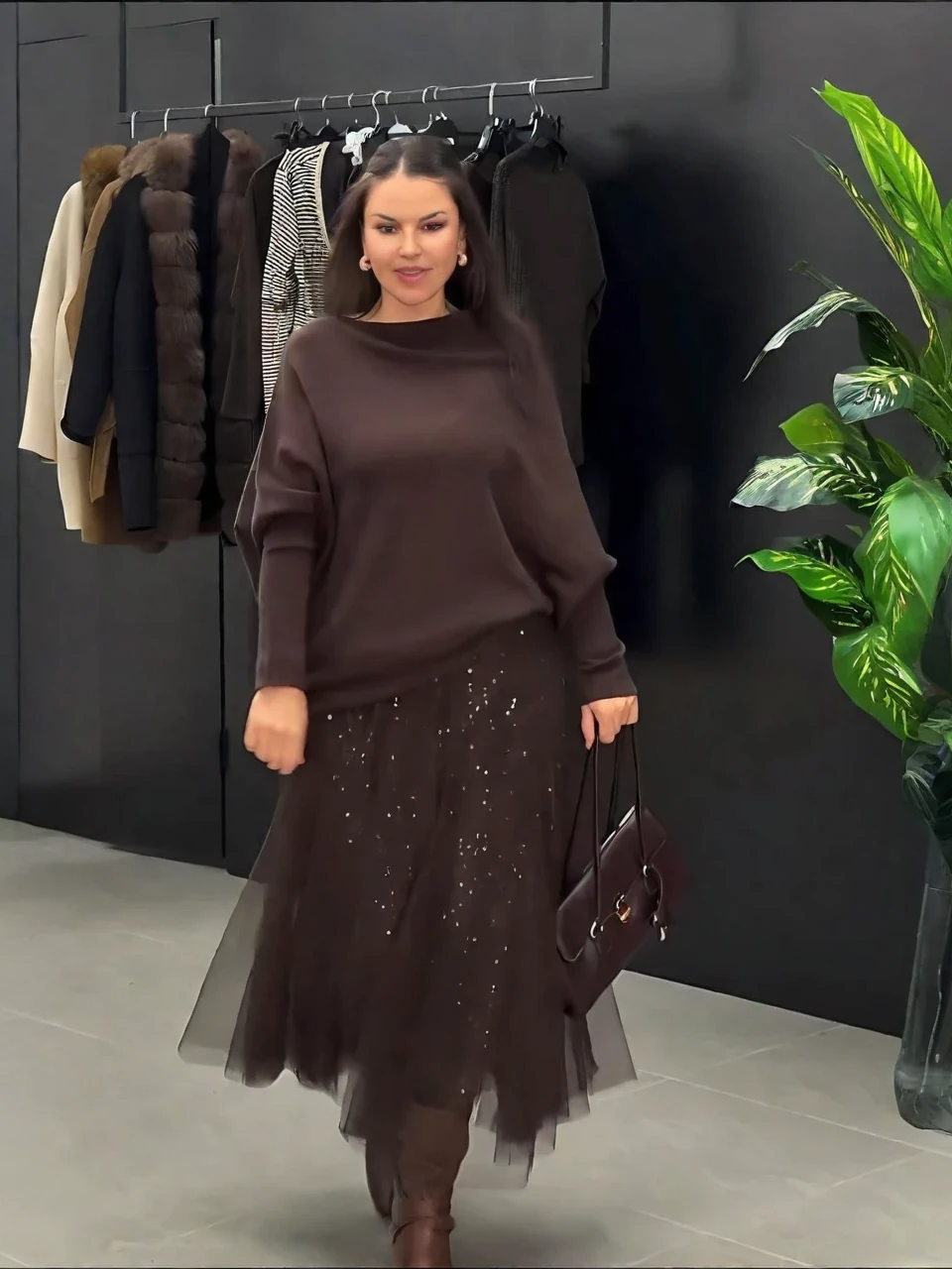 Brown Knit Sweater & Sequin Tulle Maxi Skirt Set