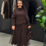 Brown Knit Sweater & Sequin Tulle Maxi Skirt Set