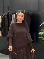 Brown Knit Sweater & Sequin Tulle Maxi Skirt Set
