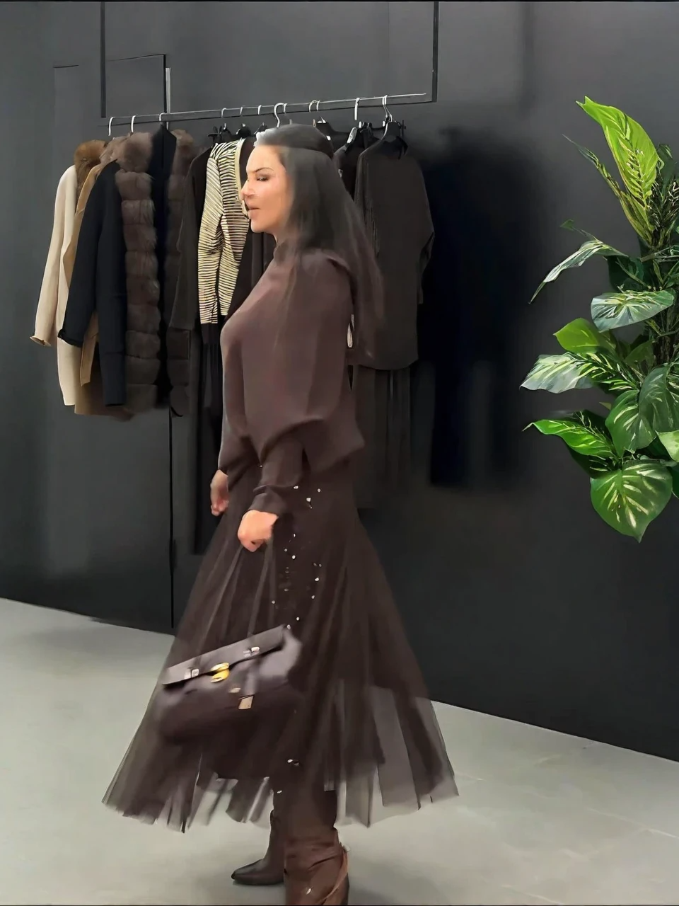 Brown Knit Sweater & Sequin Tulle Maxi Skirt Set