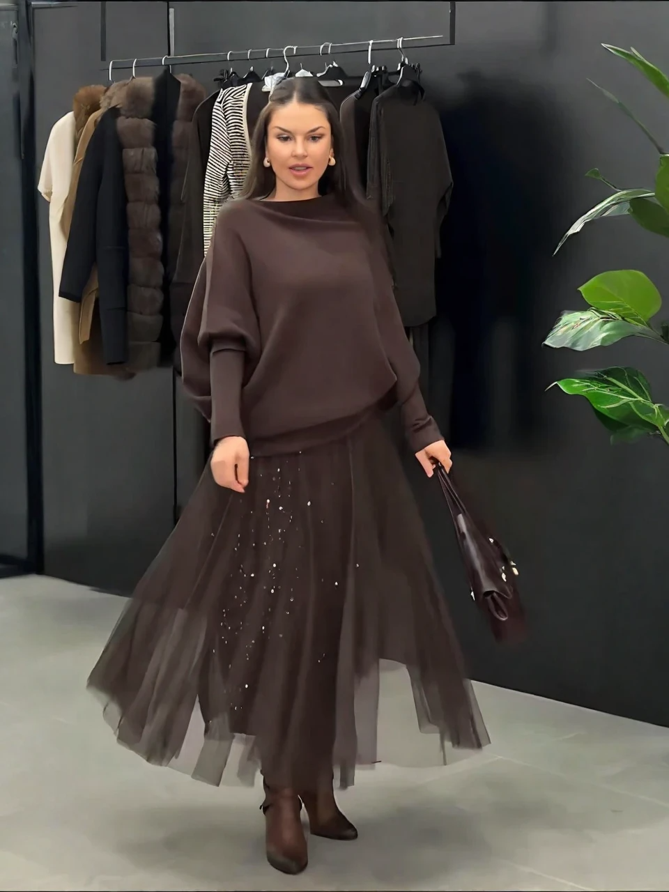 Brown Knit Sweater & Sequin Tulle Maxi Skirt Set