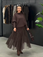 Brown Knit Sweater & Sequin Tulle Maxi Skirt Set
