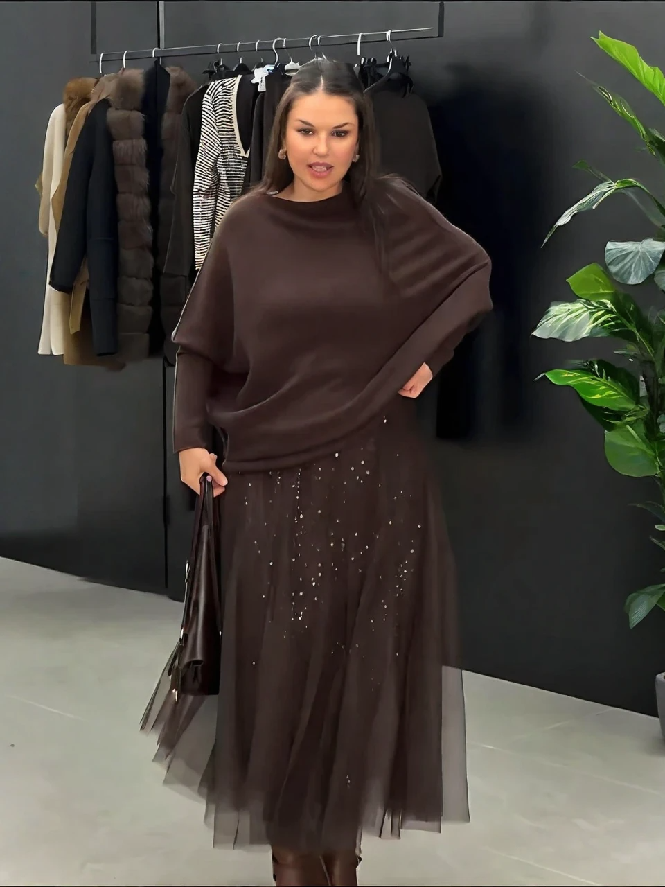 Brown Knit Sweater & Sequin Tulle Maxi Skirt Set