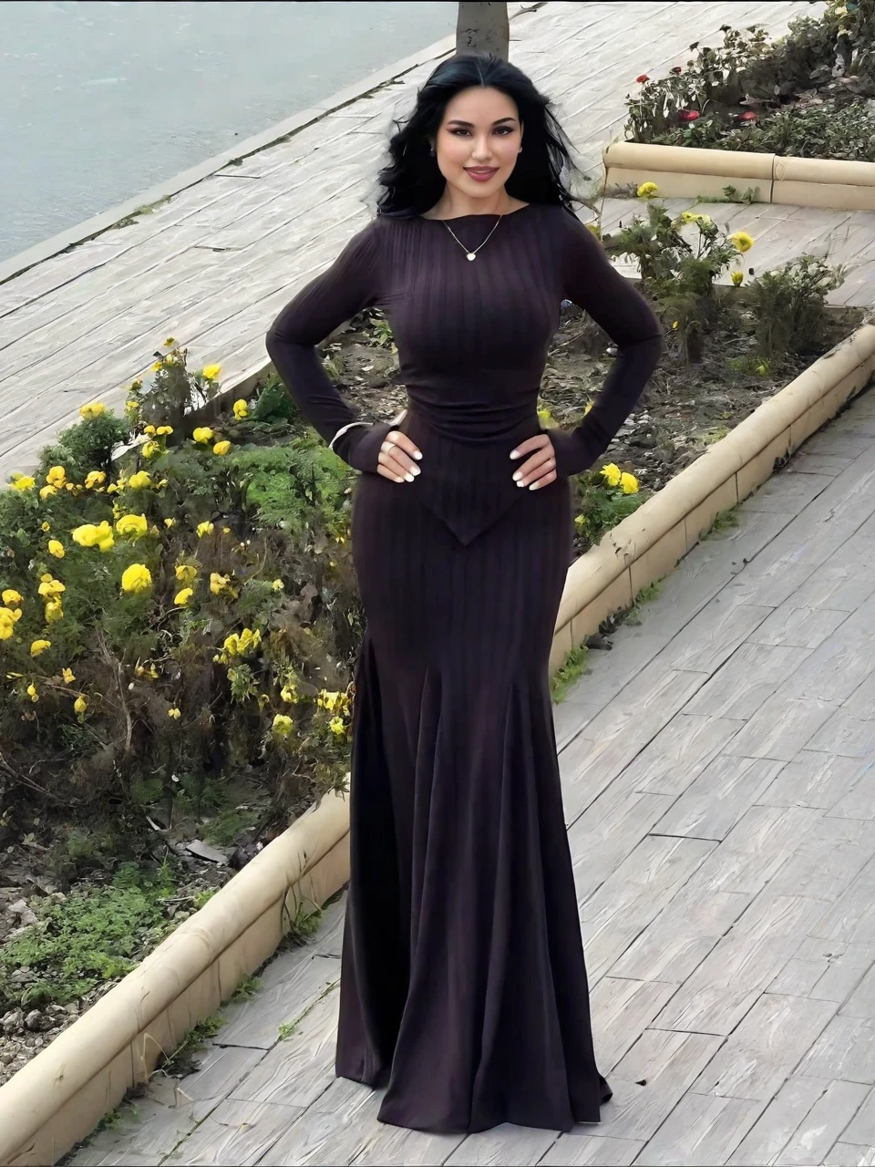 Long-Sleeve Ribbed Knit Mermaid Skirt Set