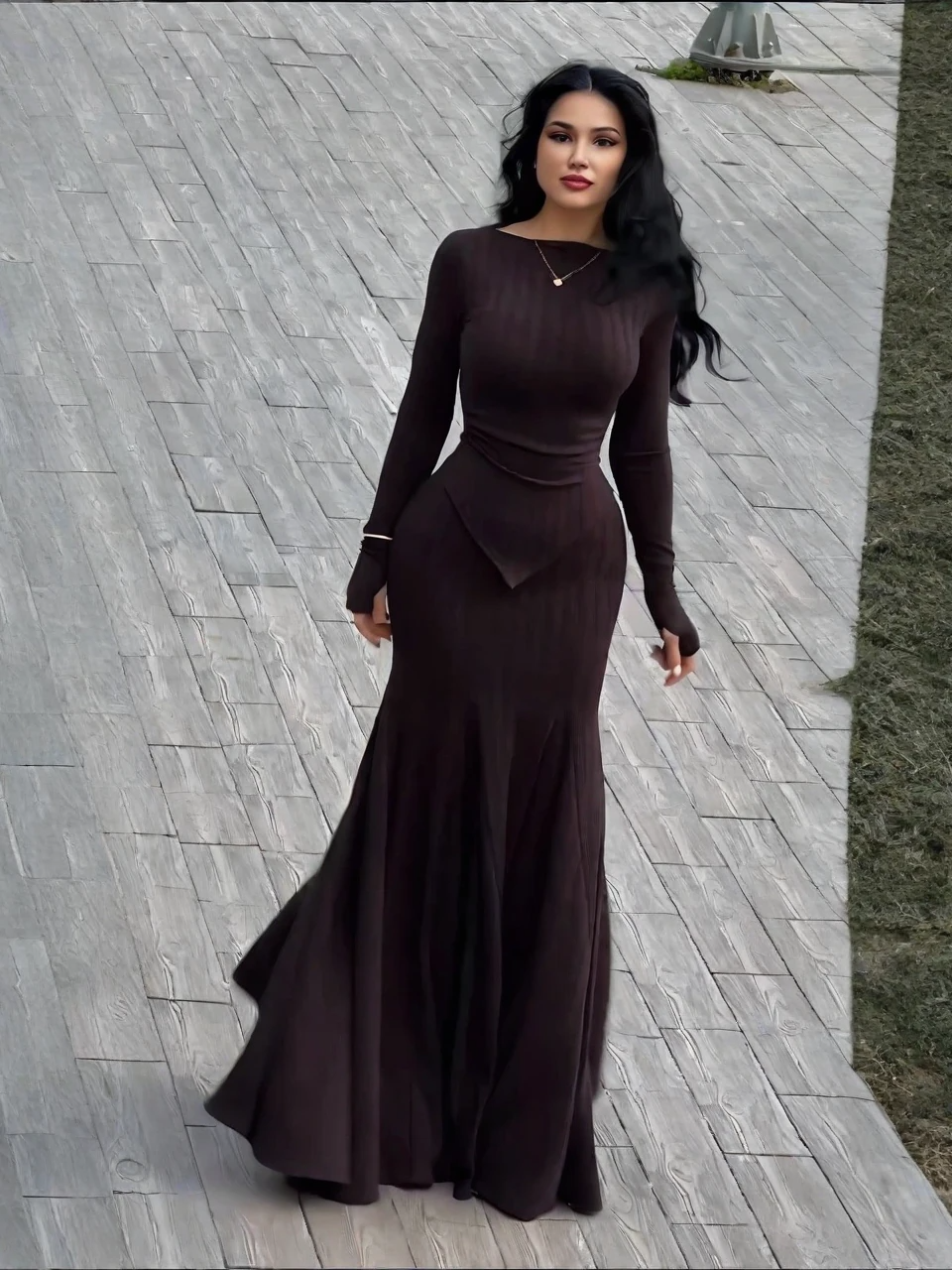 Long-Sleeve Ribbed Knit Mermaid Skirt Set