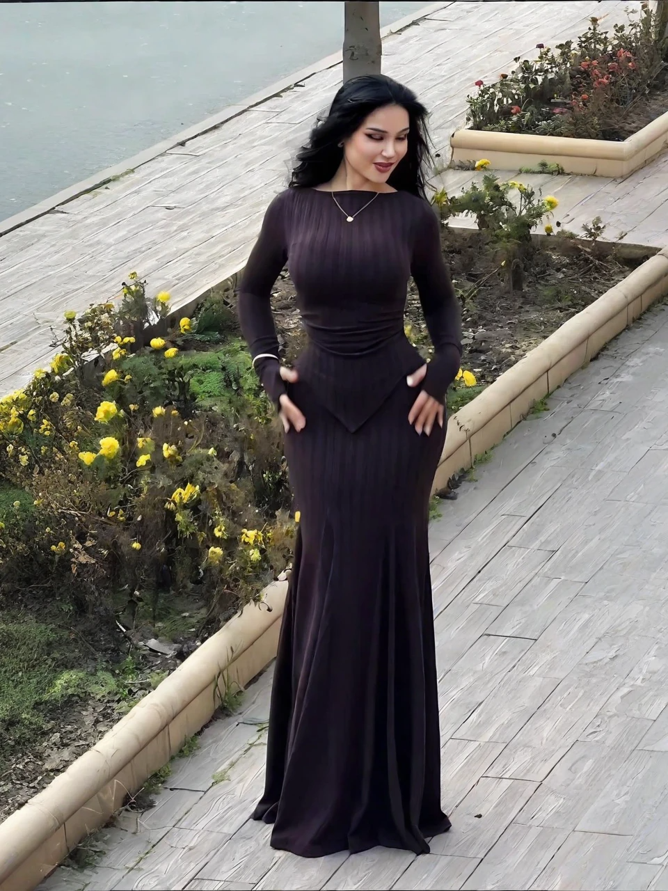Long-Sleeve Ribbed Knit Mermaid Skirt Set