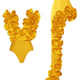 Ruffled V-Neck Yellow Swimsuit