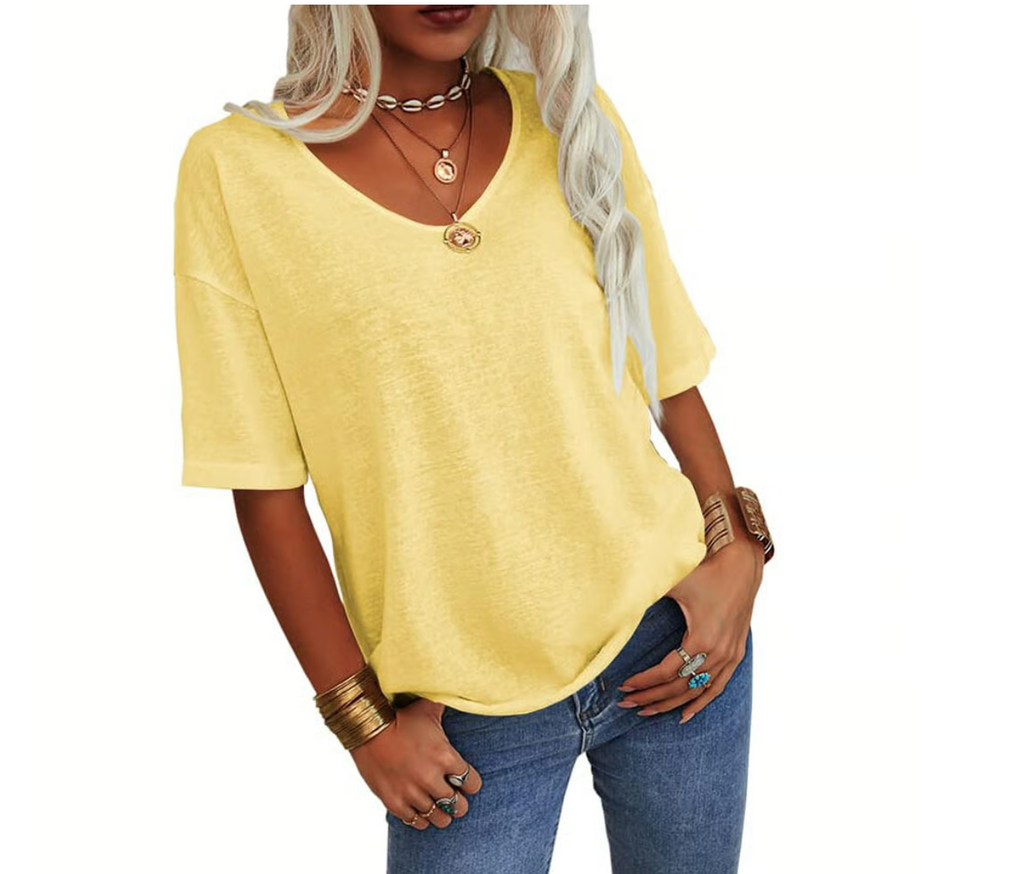 Unifarbenes Damen-T-Shirt mit V-Ausschnitt