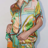 Exquisite Satin Unique Geometric Print Short-Sleeved Loose Shirt