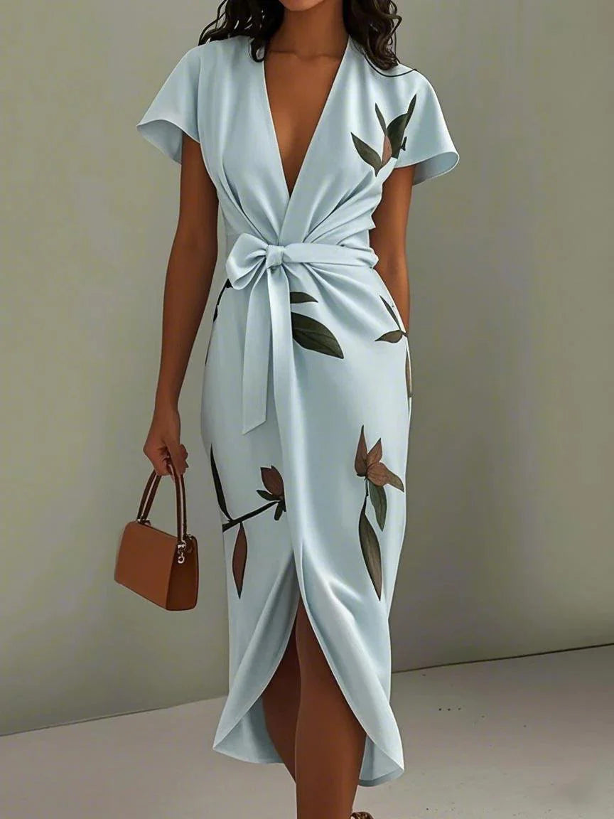 White Leaf Short Sleeve Satin Wrap Sheath Midi Dress