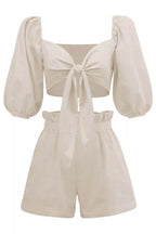 Linen Wrap Front Tie Puff Sleeve Shorts Sets In Khaki