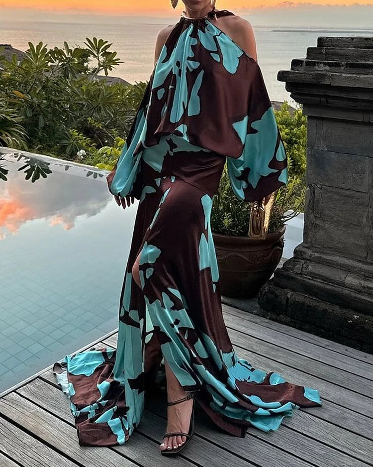 Off-the-shoulder printed waist dress