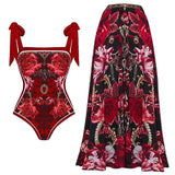 Red Floral Bow Tie Swimsuit Set